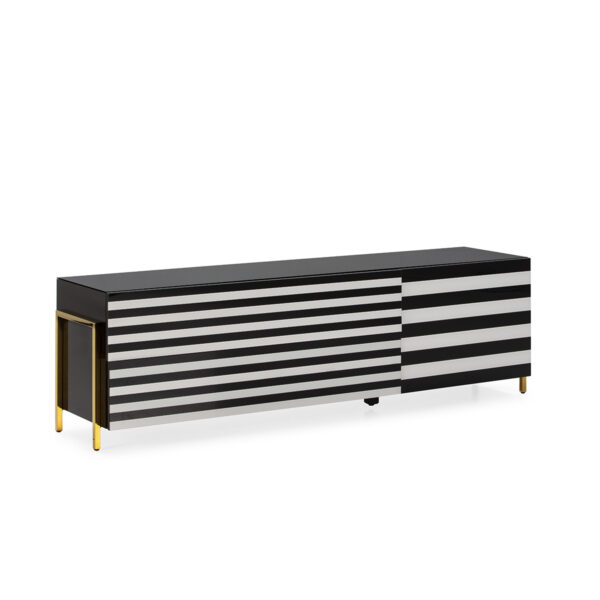 Mueble TV 180x44x46 Cristal Blanco/Negro/Acero Dorado