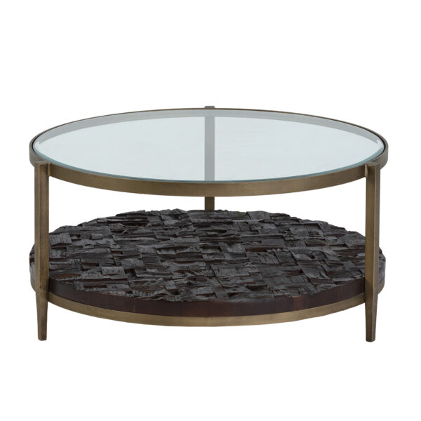 Mesa de Centro 83x83x41 Metal/Madera/Cristal -- Dorado Antique/Marrón Oscuro/Transparente