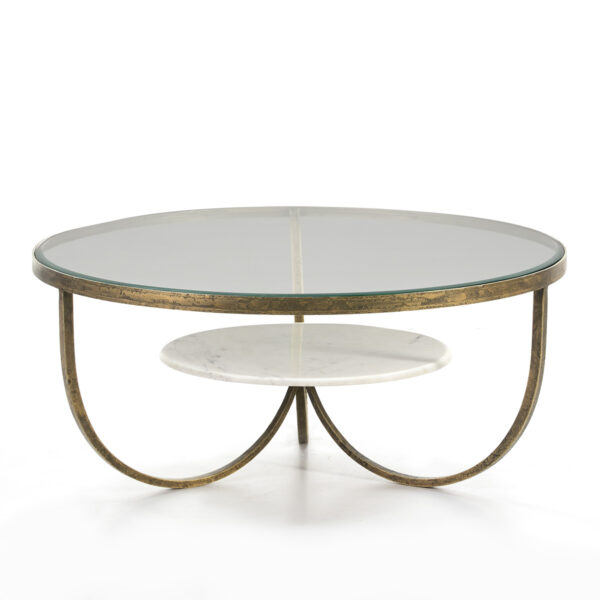 Mesa de Centro 92x92x40 Cristal/Metal Dorado/Mármol Blanco