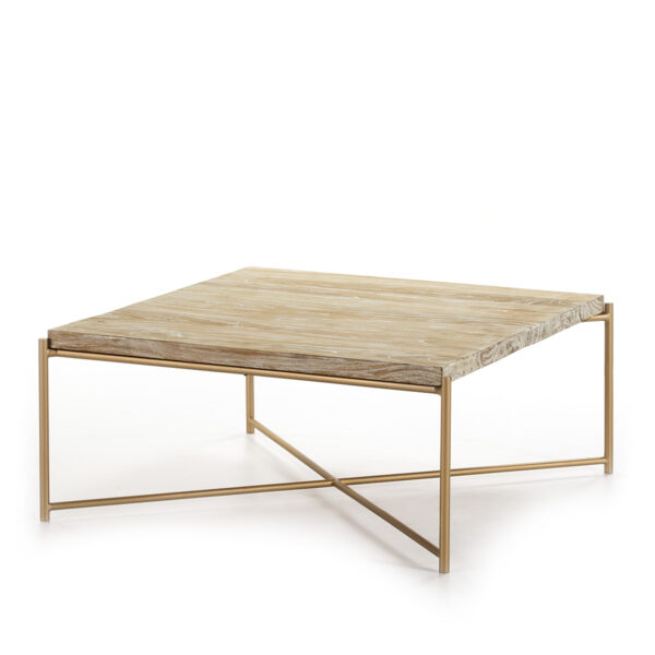 Mesa de Centro 90x90x40 Madera Blanco Lavado/Metal Dorado