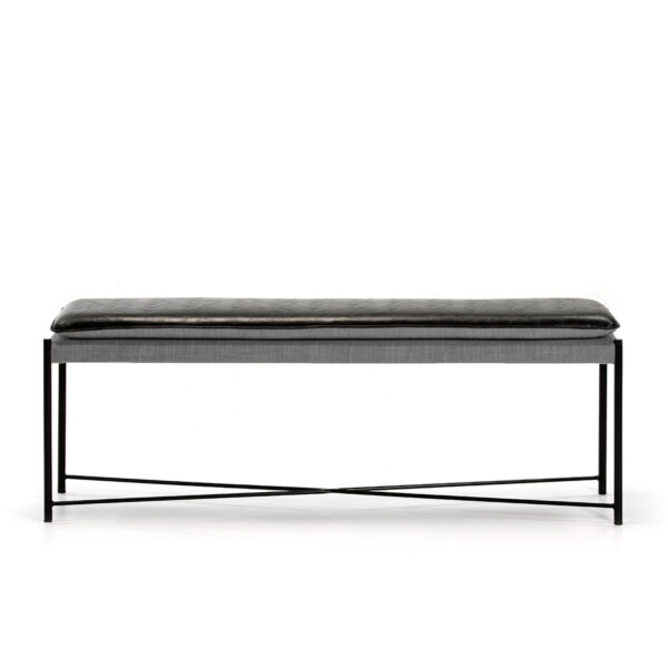 BANCO 132x33x48 METAL NEGRO/TELA GRIS CLARO/P.PIEL NEGRO