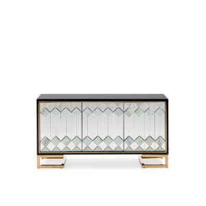 Aparador 150x45x80 CristalNegro/DM Negro/Espejo/Metal Dorado