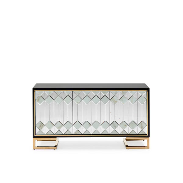 Aparador 150x45x80 CristalNegro/DM Negro/Espejo/Metal Dorado