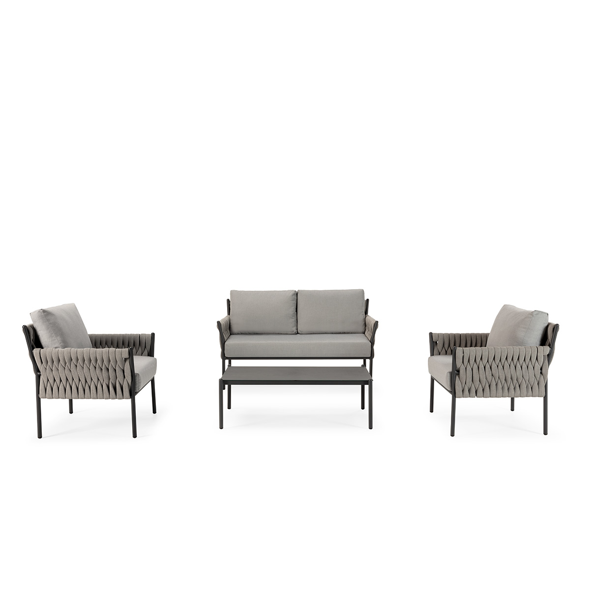 Conjunto Terraza 80x77x79/147x77x79/110x66x37 Cuerda Sintetica/Tela/Metal -- Gris Oscuro/Negro