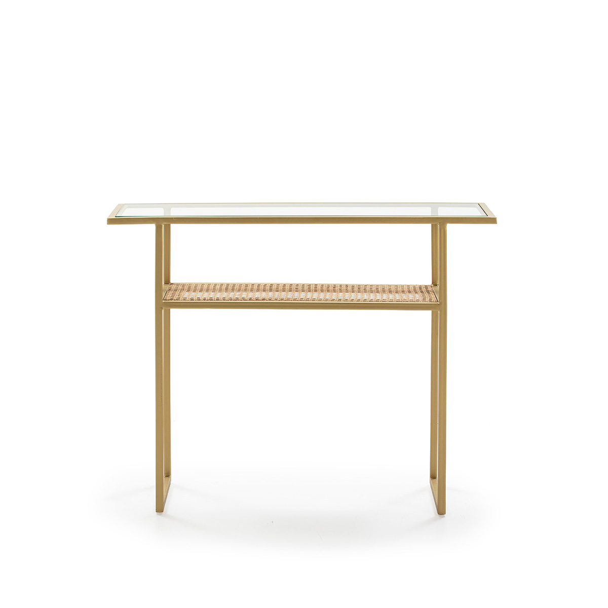 Consola 100x27x80 Cristal/Ratán/Metal Dorado