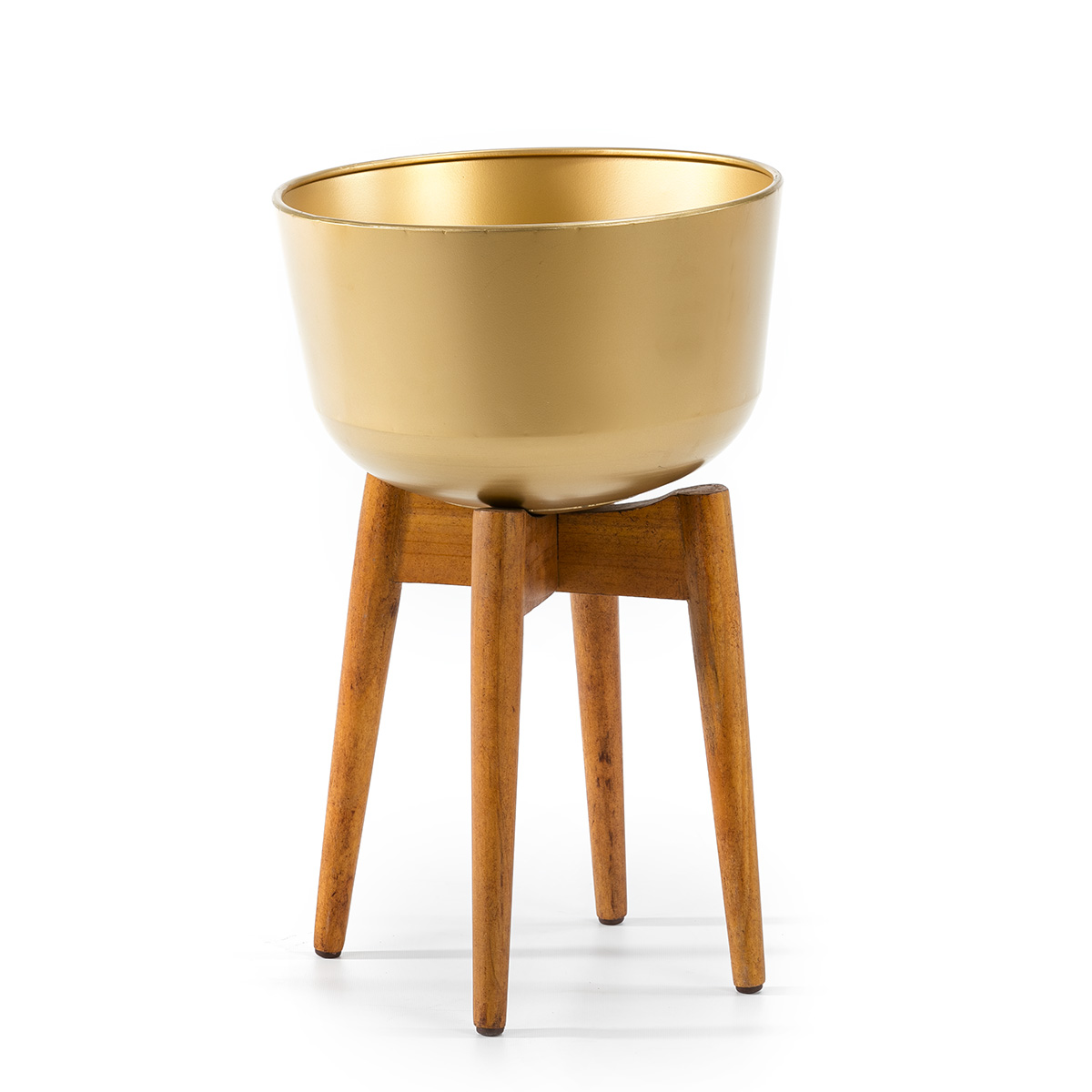 Macetero 34x34x54 Madera Natural/Metal Dorado