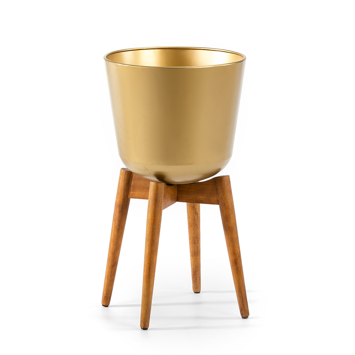 Macetero 38x38x70 Madera Natural/Metal Dorado
