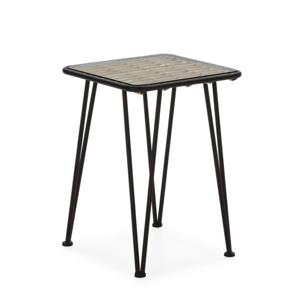 Mesa Auxiliar 41x41x57 Cristal/Metal Negro/Ratán Natural