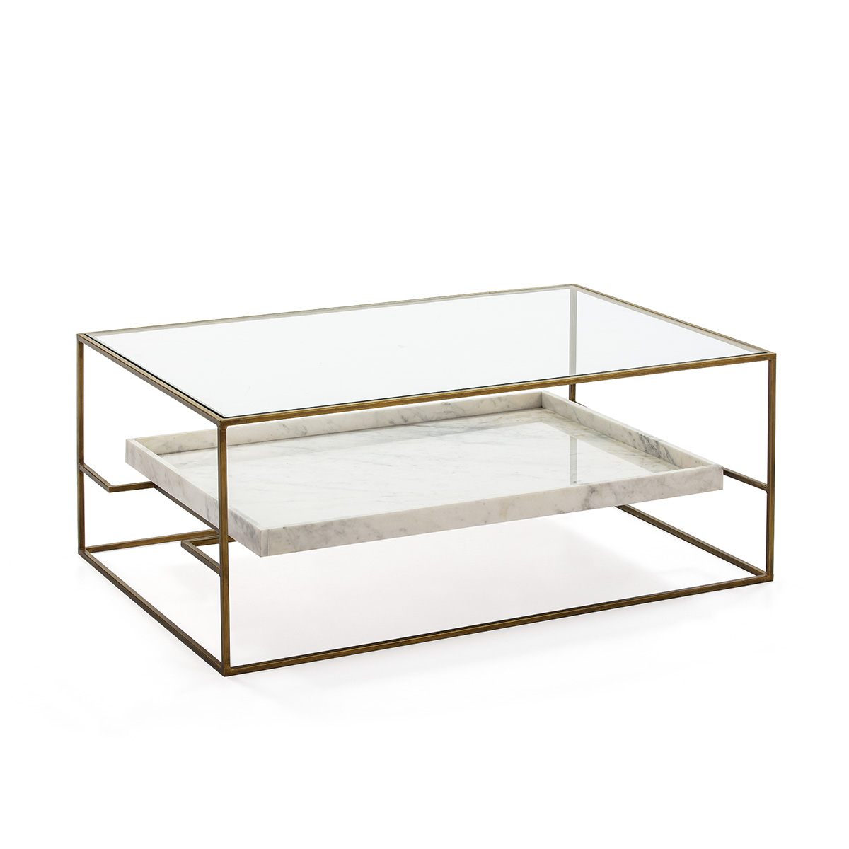 Mesa de Centro 111x76x45 Cristal/Mármol Blanco/Metal Dorado