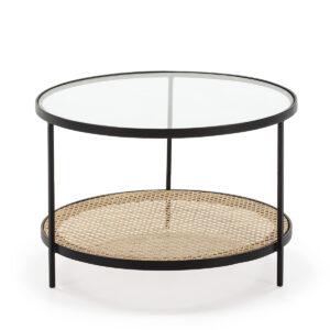 Mesa de Centro 66x66x45 Cristal/Ratán/Metal Negro