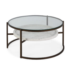 Mesa de Centro 92x92x45 Cristal/Metal/Mármol Transparente/Bronce/Blanco