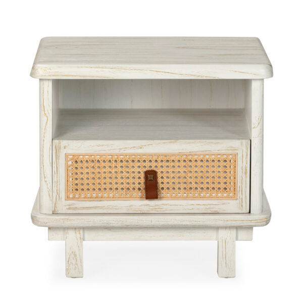 Mesita de Noche 47x47x62 Madera de Cedro/Metal/Ratán -- Blanco Lavado/Dorado/Natural