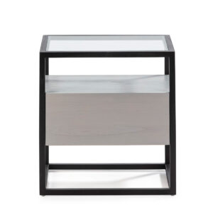 Mesita de Noche 50x40x55 Cristal/Madera Negro/Natural con Pátina Gris