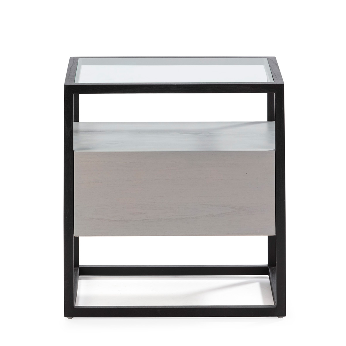 Mesita de Noche 50x40x55 Cristal/Madera Negro/Natural con Pátina Gris