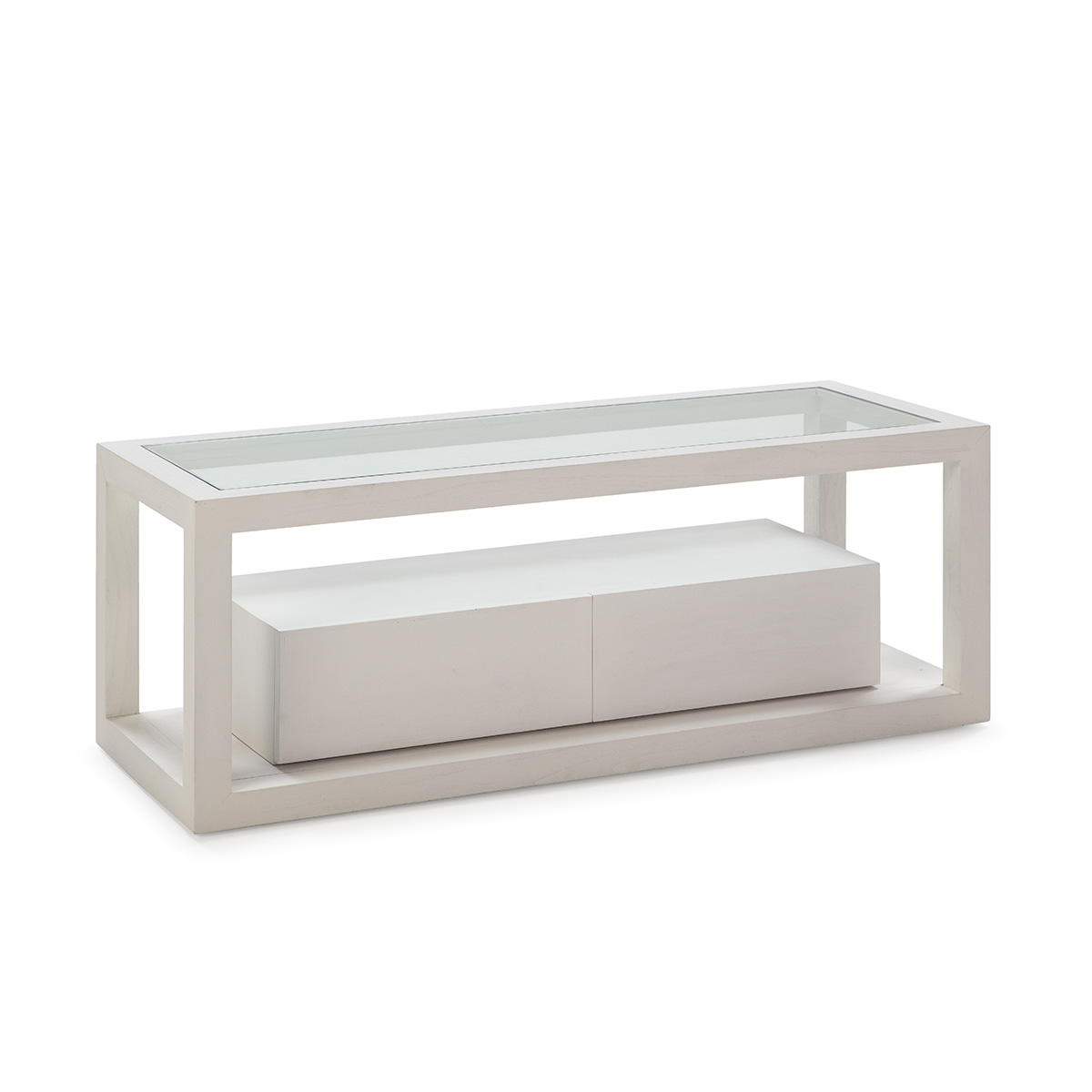 Mueble TV 120x45x45 Cristal/Madera Blanco 2 cajones
