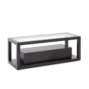 Mueble TV 120x45x45 Cristal/Madera Negro 2 cajones