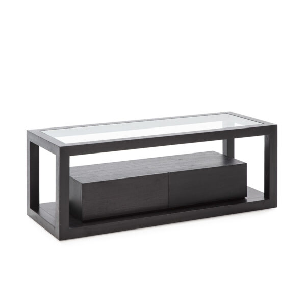 Mueble TV 120x45x45 Cristal/Madera Negro 2 cajones