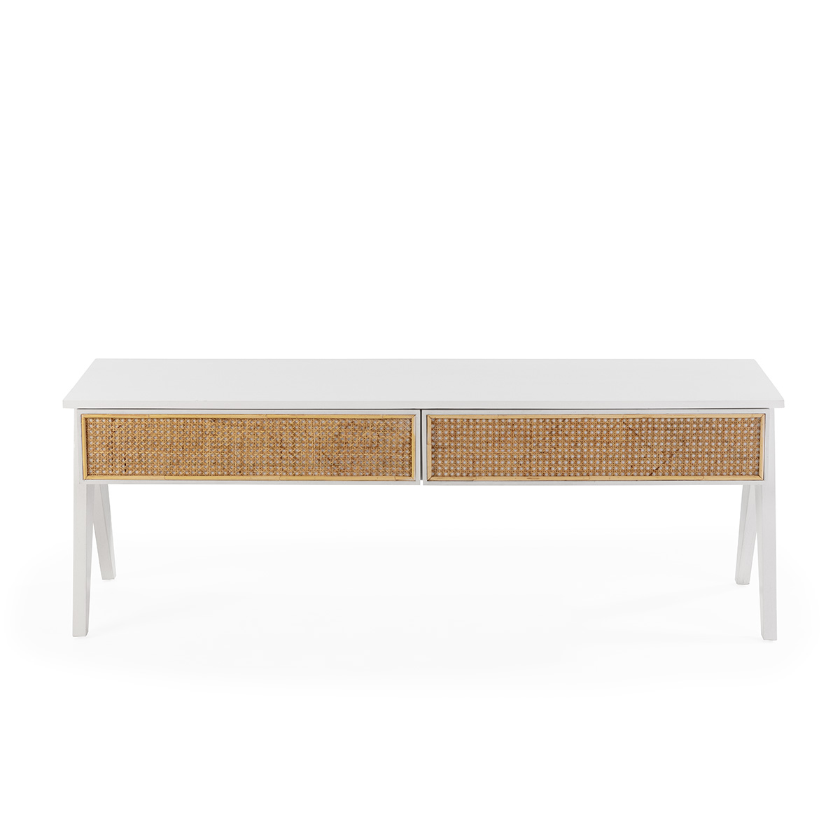 Mueble TV 150x45x52 Madera de Cedro/Ratán Blanco/Natural