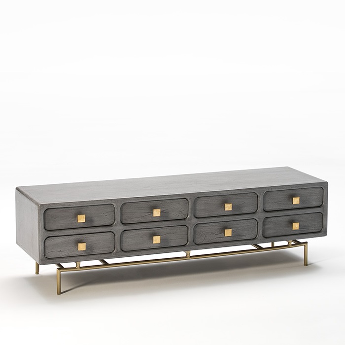 Mueble TV 160x45x50 Metal Oro/Madera Gris 8 Cajones
