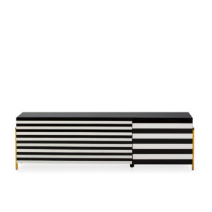 Mueble TV 180x44x46 Cristal Blanco/Negro/Acero Dorado