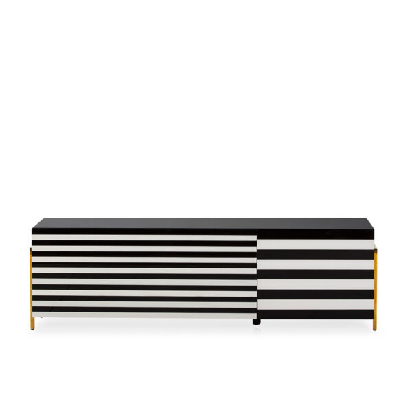 Mueble TV 180x44x46 Cristal Blanco/Negro/Acero Dorado