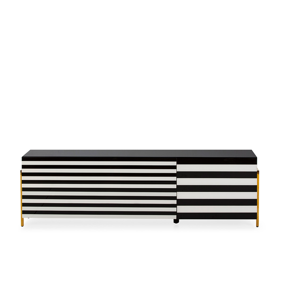 Mueble TV 180x44x46 Cristal Blanco/Negro/Acero Dorado