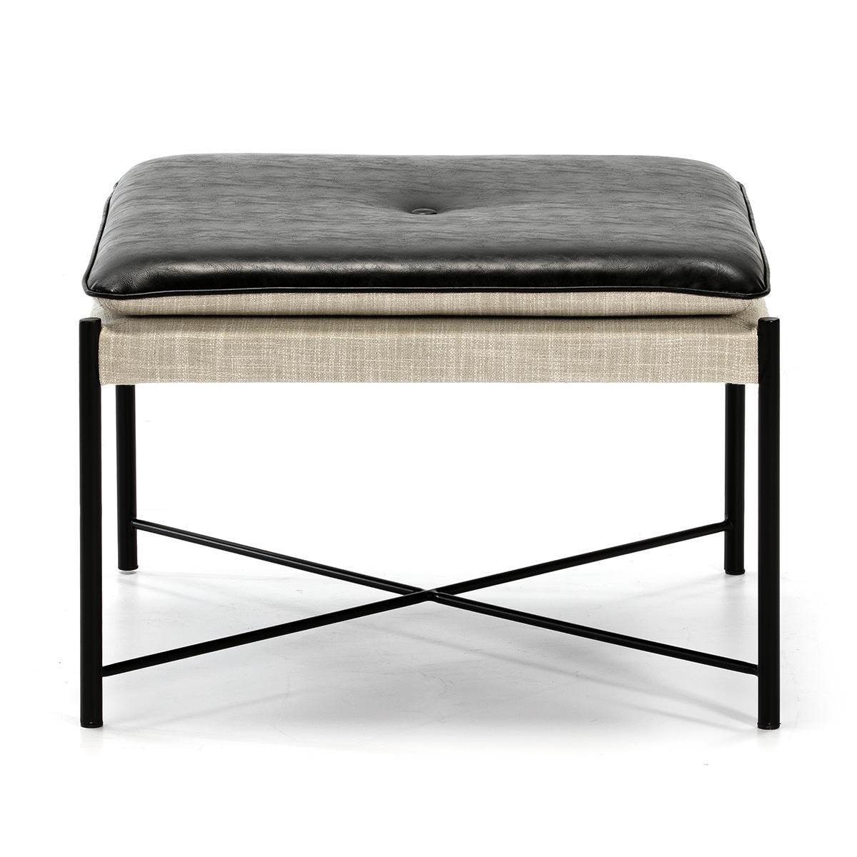 Puff 60x60x41 Metal Negro/Tela Gris/P.Piel Negro