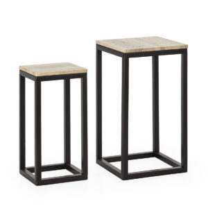 Set/2 Mesa Auxiliar 40x40x71/30x30x60 Madera de Abeto/Mármol Travertino -- Negro