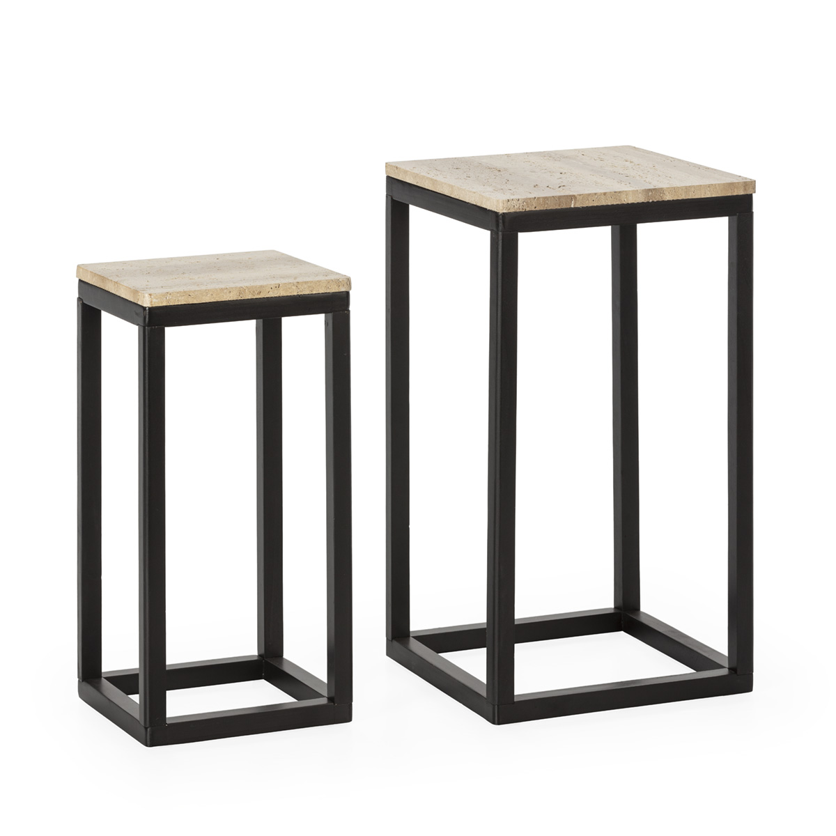 Set/2 Mesa Auxiliar 40x40x71/30x30x60 Madera de Abeto/Mármol Travertino -- Negro