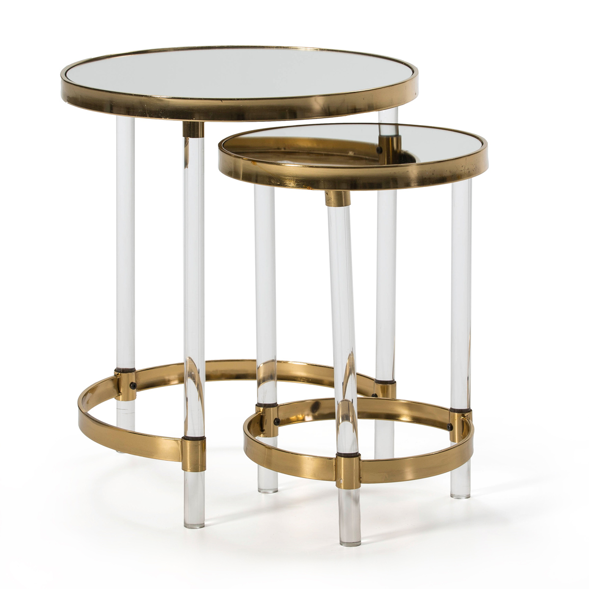 Set/2 Mesa Auxiliar 48x48x59 / 35x35x52 Acrilico Transparente/Espejo/Metal Dorado