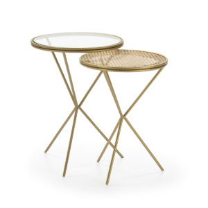 Set/2 Mesa Auxiliar 49x49x67 Cristal/Ratán/Metal Dorado