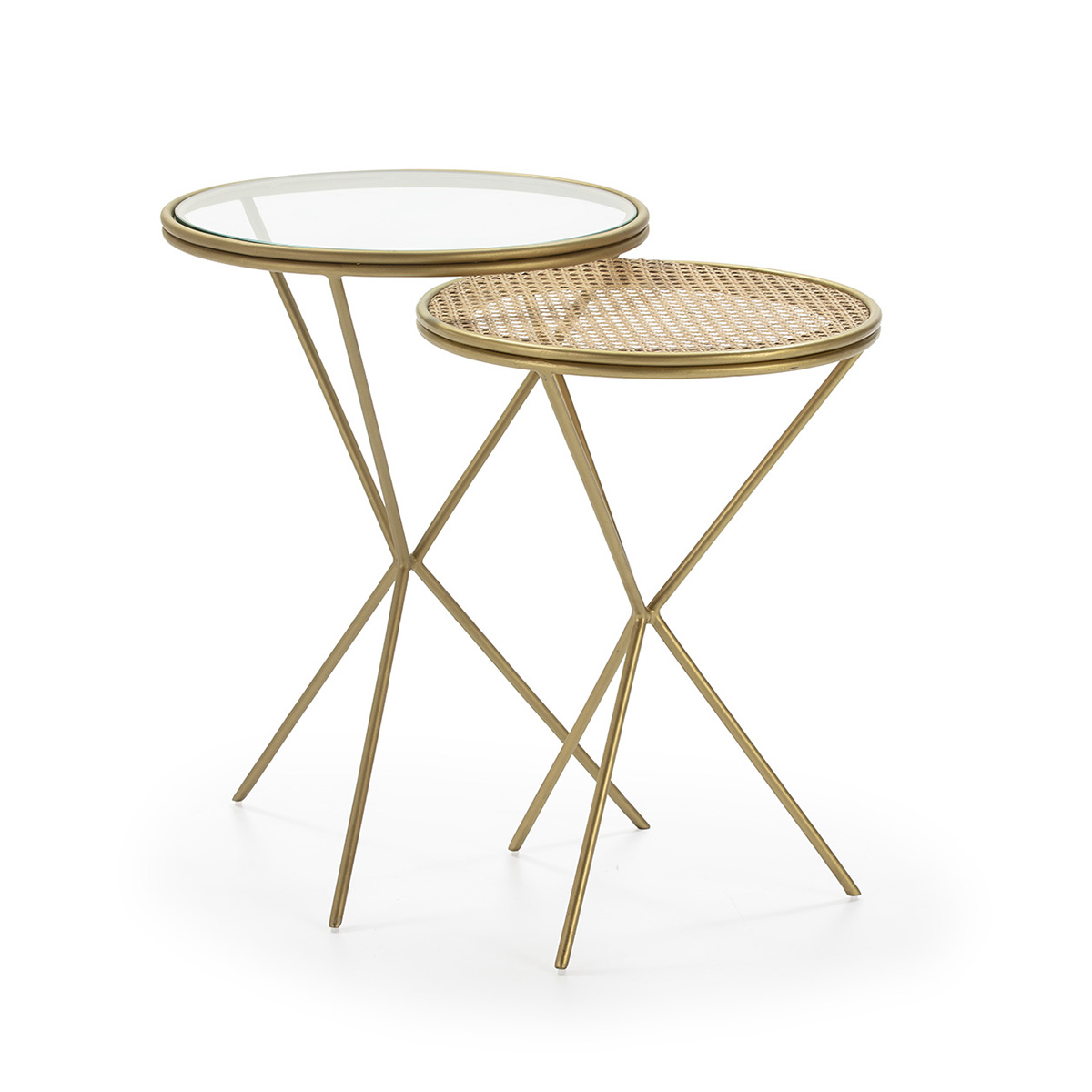 Set/2 Mesa Auxiliar 49x49x67 Cristal/Ratán/Metal Dorado