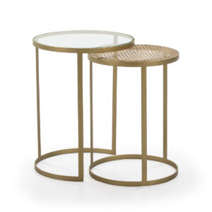 Set/2 Mesa Auxiliar 50x50x65 Cristal/Ratán/Metal Dorado