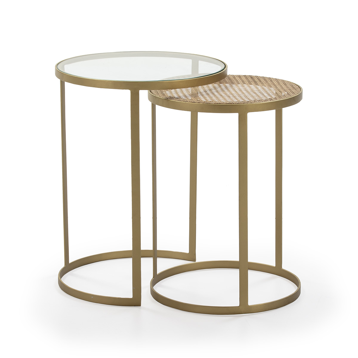 Set/2 Mesa Auxiliar 50x50x65 Cristal/Ratán/Metal Dorado