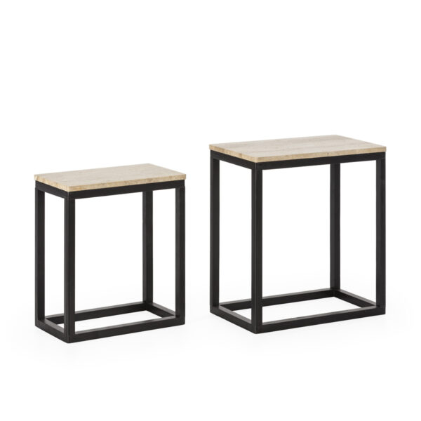 Set/2 Mesa Auxiliar 58x34x63/48x28x55 Madera de Abeto/Mármol Travertino -- Negro