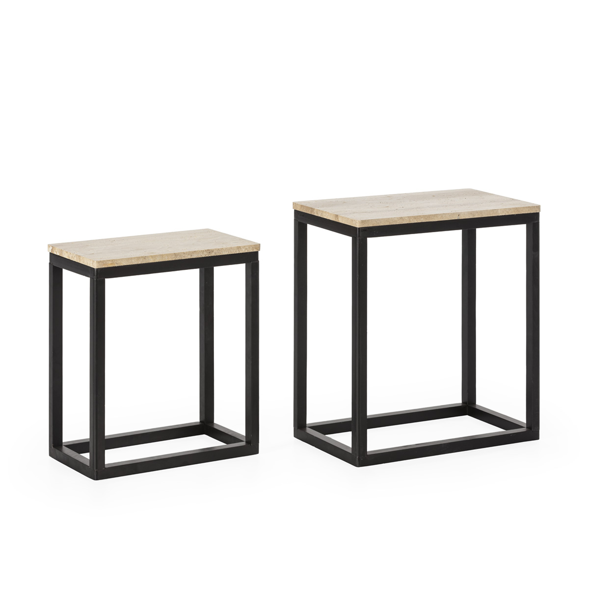 Set/2 Mesa Auxiliar 58x34x63/48x28x55 Madera de Abeto/Mármol Travertino -- Negro
