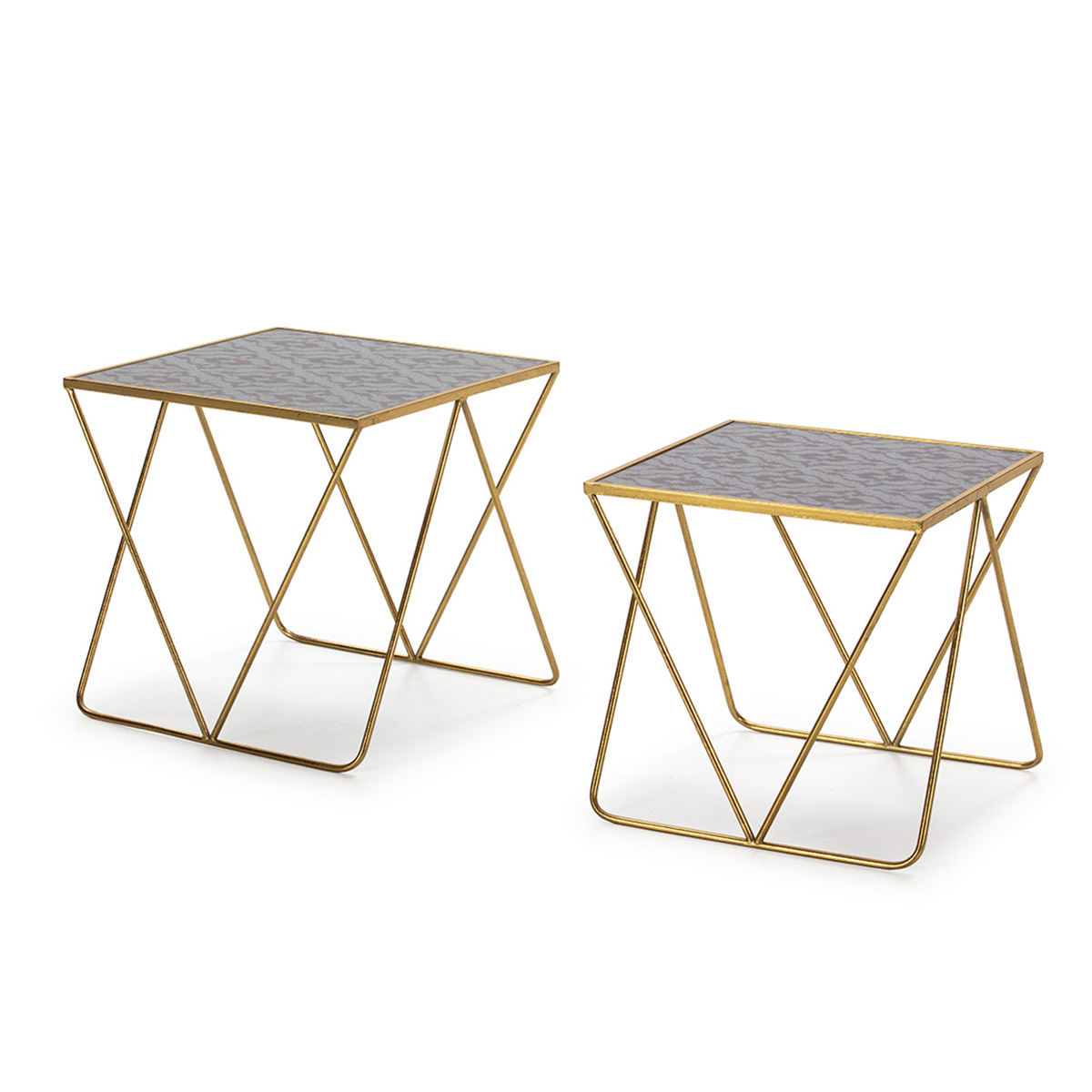 Set/2 Mesa Auxiliar 60x32x60 / 54x29x56 Cristal Decorado/Metal Dorado