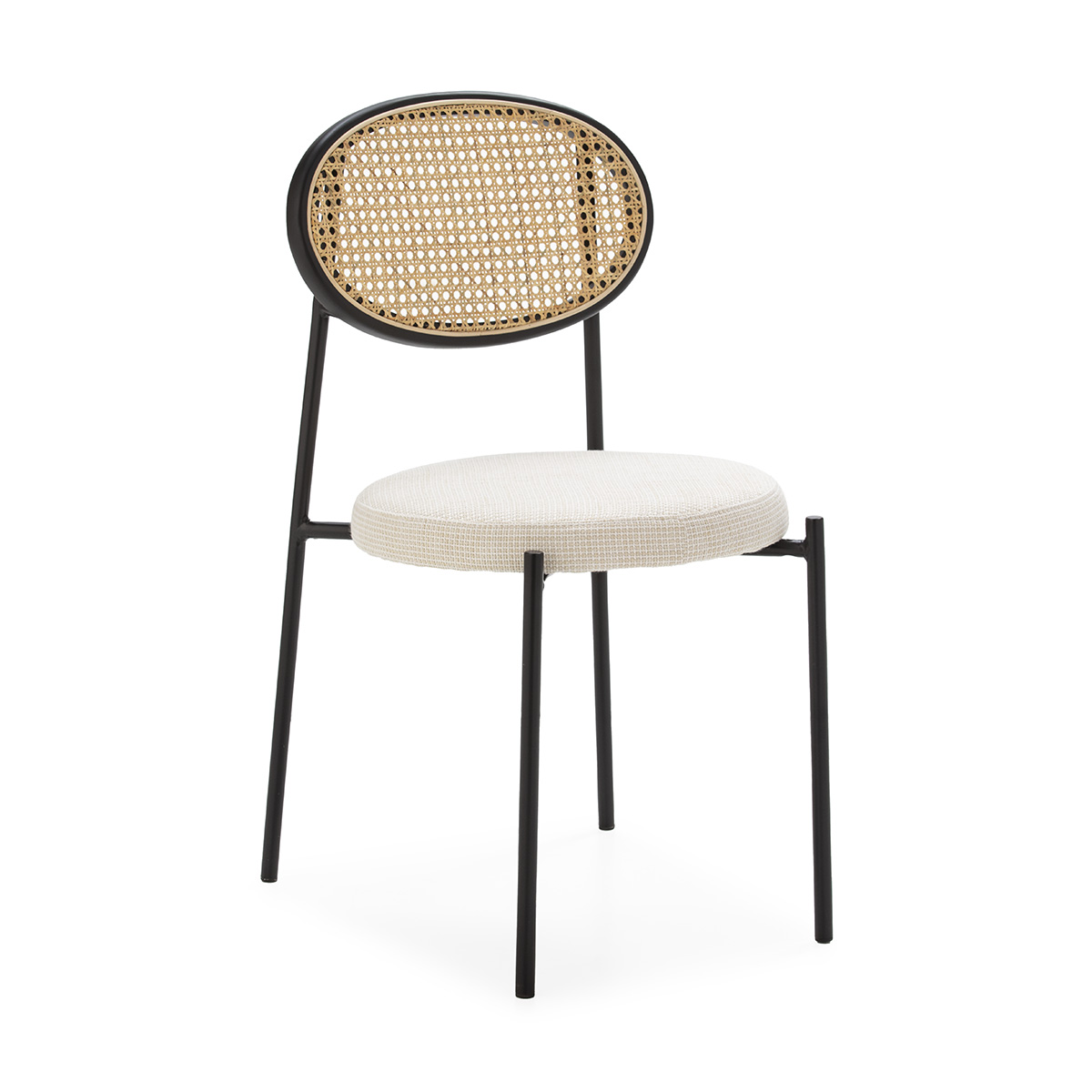 Silla 44x53x83 Metal Negro/Ratán Natural/Tela Blanco