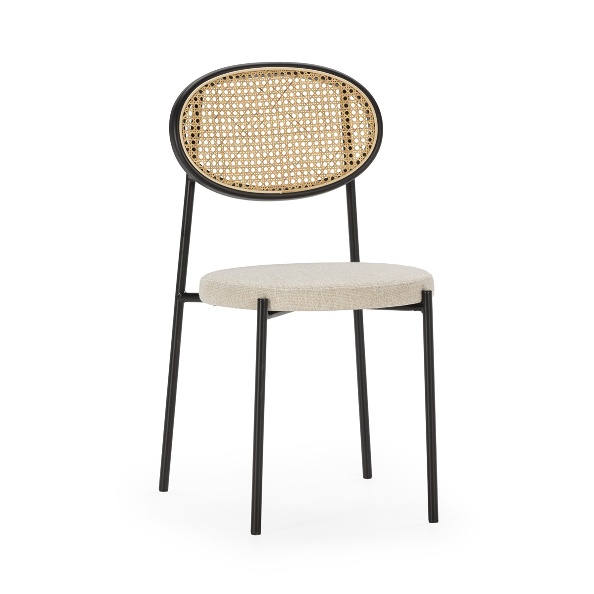 Silla apilable 44x53x83 Metal/Ratán/Tela -- Negro/Natural/Blanco