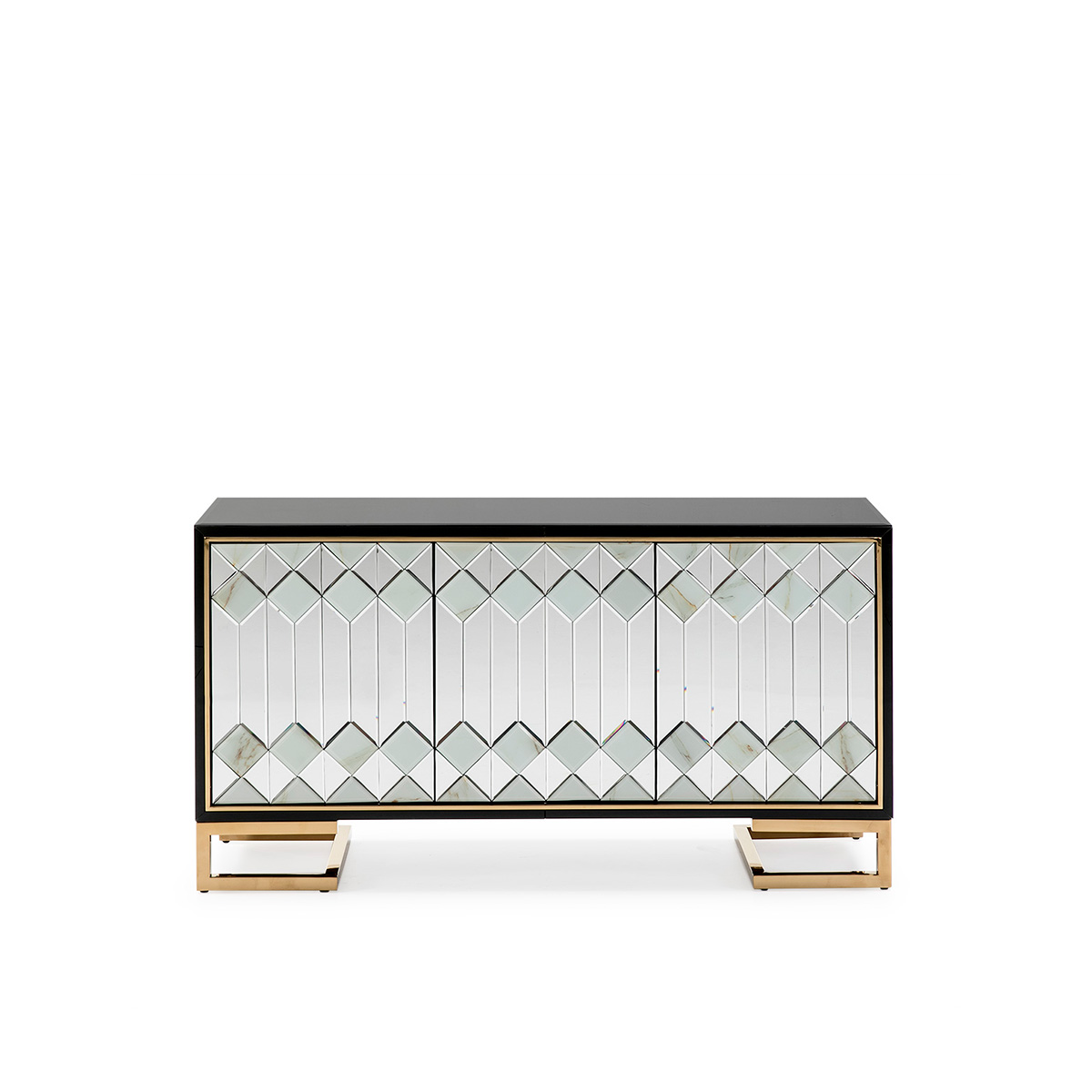 Aparador 150x45x80 CristalNegro/DM Negro/Espejo/Metal Dorado