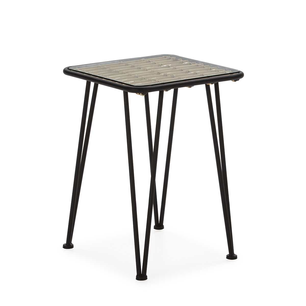 Mesa Auxiliar 41x41x57 Cristal/Metal Negro/Ratán Natural
