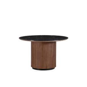 Mesa Comedor 120x120x76 Madera de Olmo/Marmol Reconstruido/Metal -- Nogal/Marquina/Negro Mate