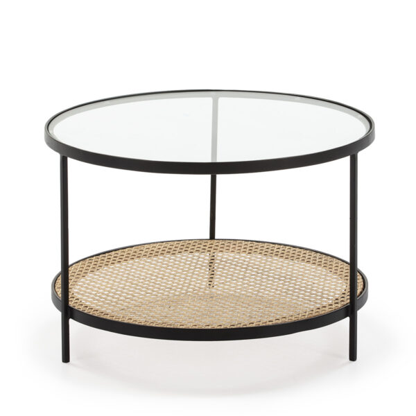 Mesa de Centro 66x66x45 Cristal/Ratán/Metal Negro