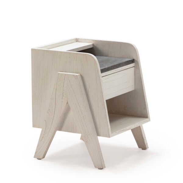 Mesita de Noche 46X45X45 Madera de Cedro/Mármol -- Blanco/Gris