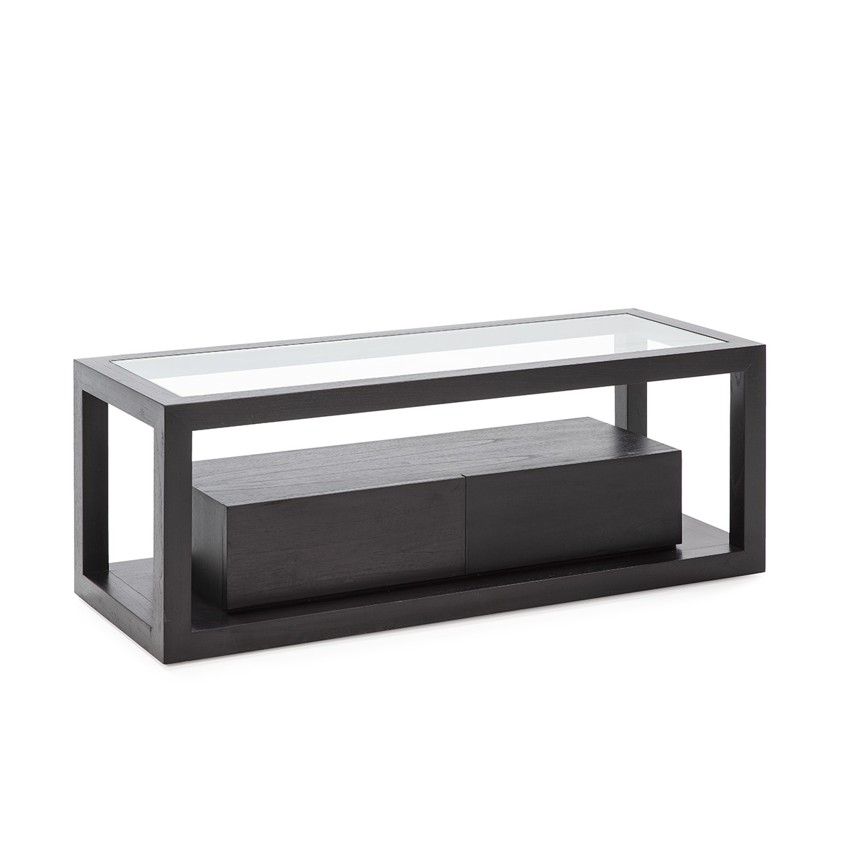 Mueble TV 120x45x45 Cristal/Madera Negro 2 cajones