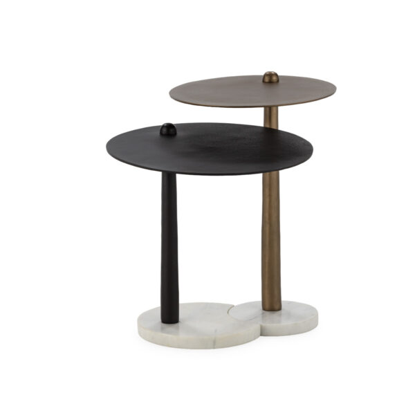 SET/2 MESA AUXILIAR 46x46x59/38x38x49 METAL BRONCE/LATON ANTIGUO/MARMOL BLANCO