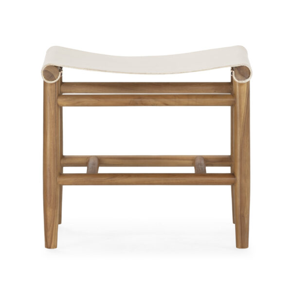 Taburete 50x35x45 Madera de Teca/Cuero -- Natural/Blanco