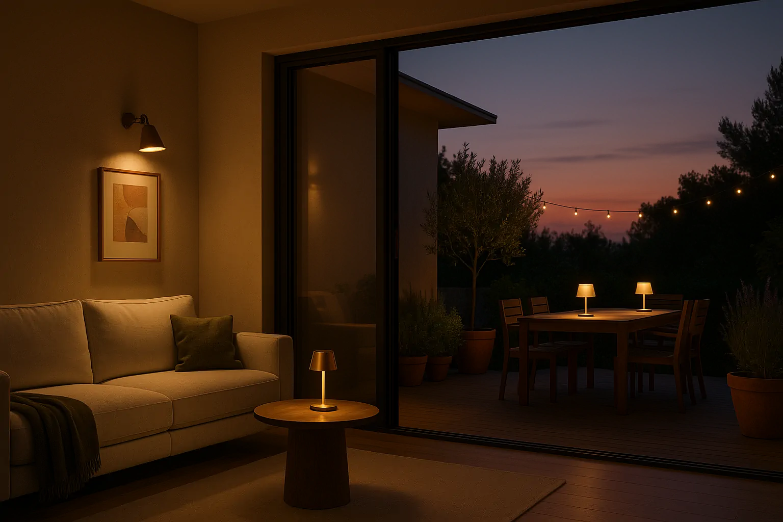 iluminación sin cable y por capas: transforma salón y terraza