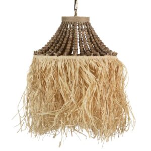 LAMPARA TECHO CADENA BOLAS MADERA RAFIA 41x41x45CM