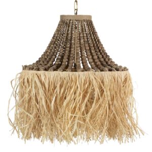 LAMPARA TECHO CADENA BOLAS MADERA RAFIA 60x60x66CM